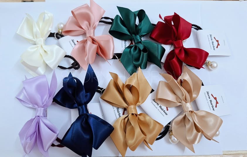 Set dây buộc tóc nơ satin & charm ngọc (8 màu)