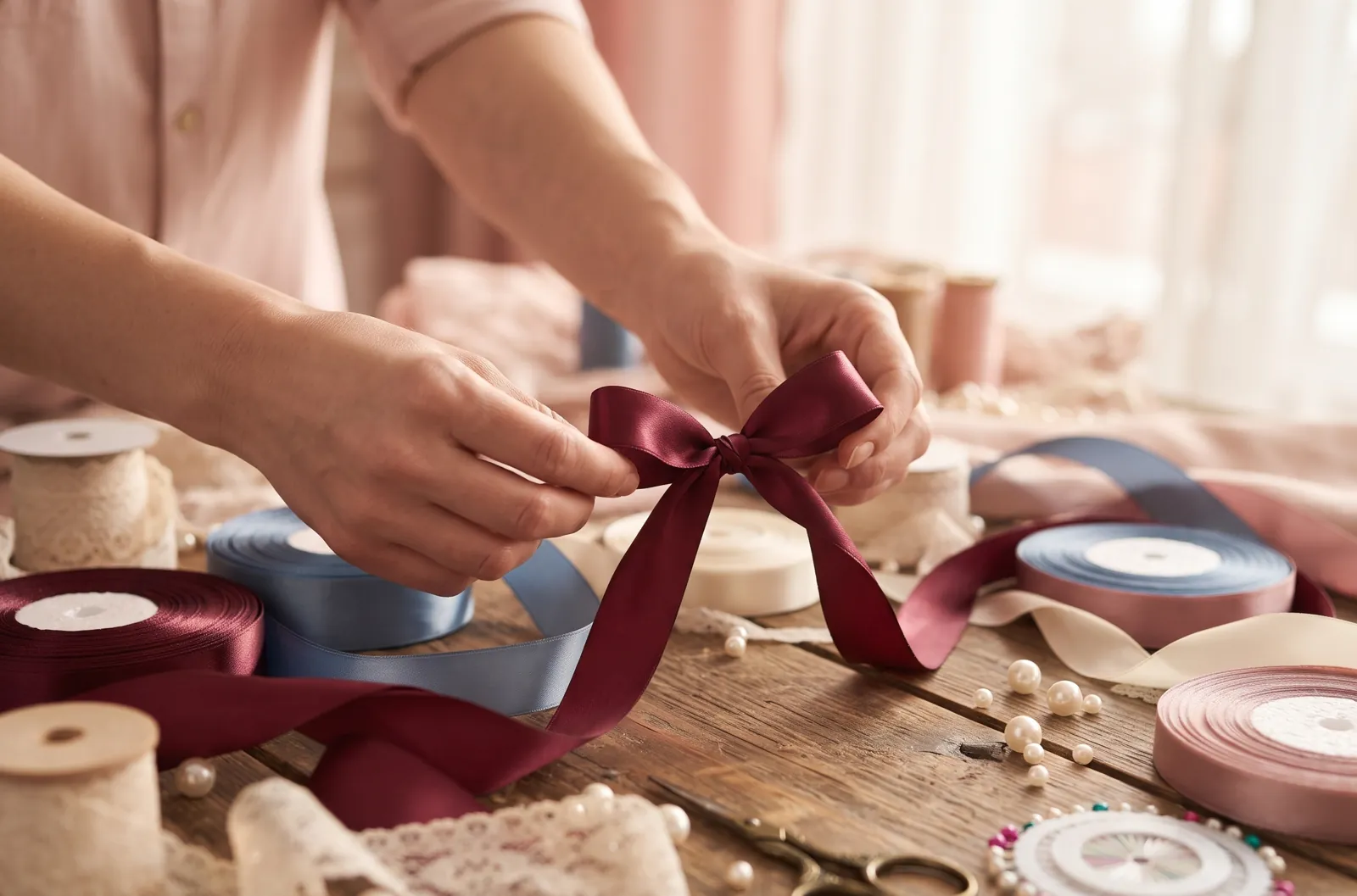 Đôi tay đang thắt nơ handmade